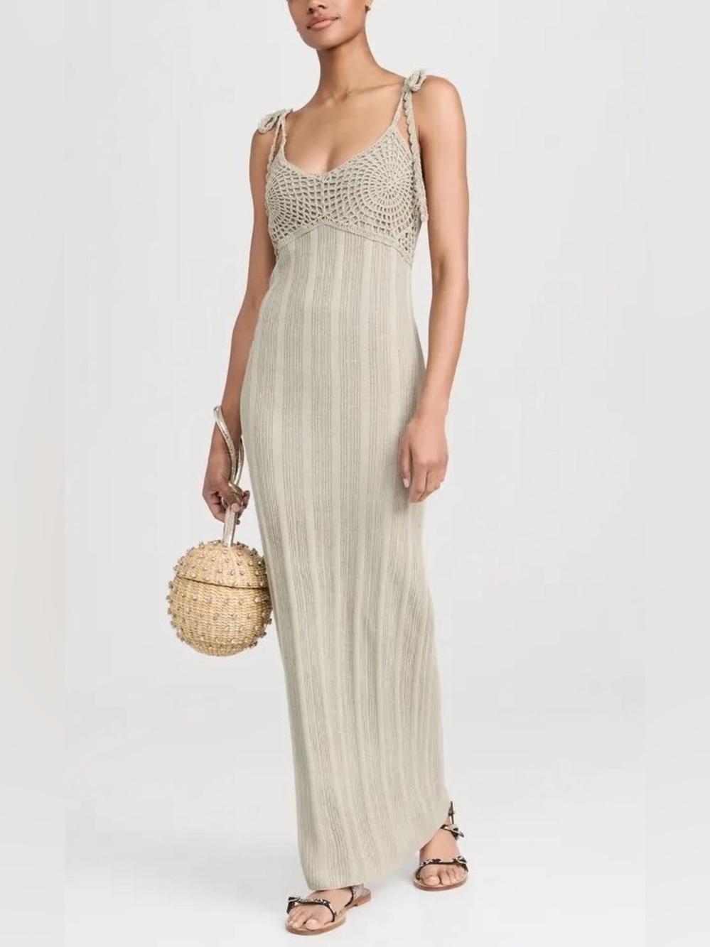 Sage the Label Sage Green Crochet Knit Maxi Dress Tie Shoulder V Neck Bodycon